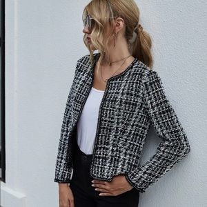 Plaid Open Front Tweed Jacket